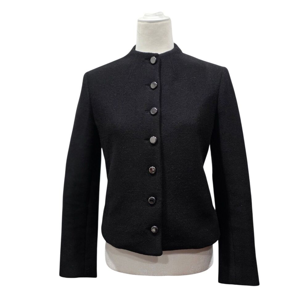 Theory Button Front Cutaway Jacket 4 Black Wool Blend Stretch Tailored Blazer